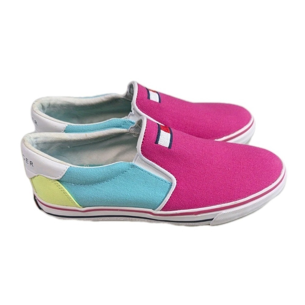 Tommy Hilfiger Women's Canvas Slip-On Sneakers – Pink/Blue/Lime – Size 6.5M